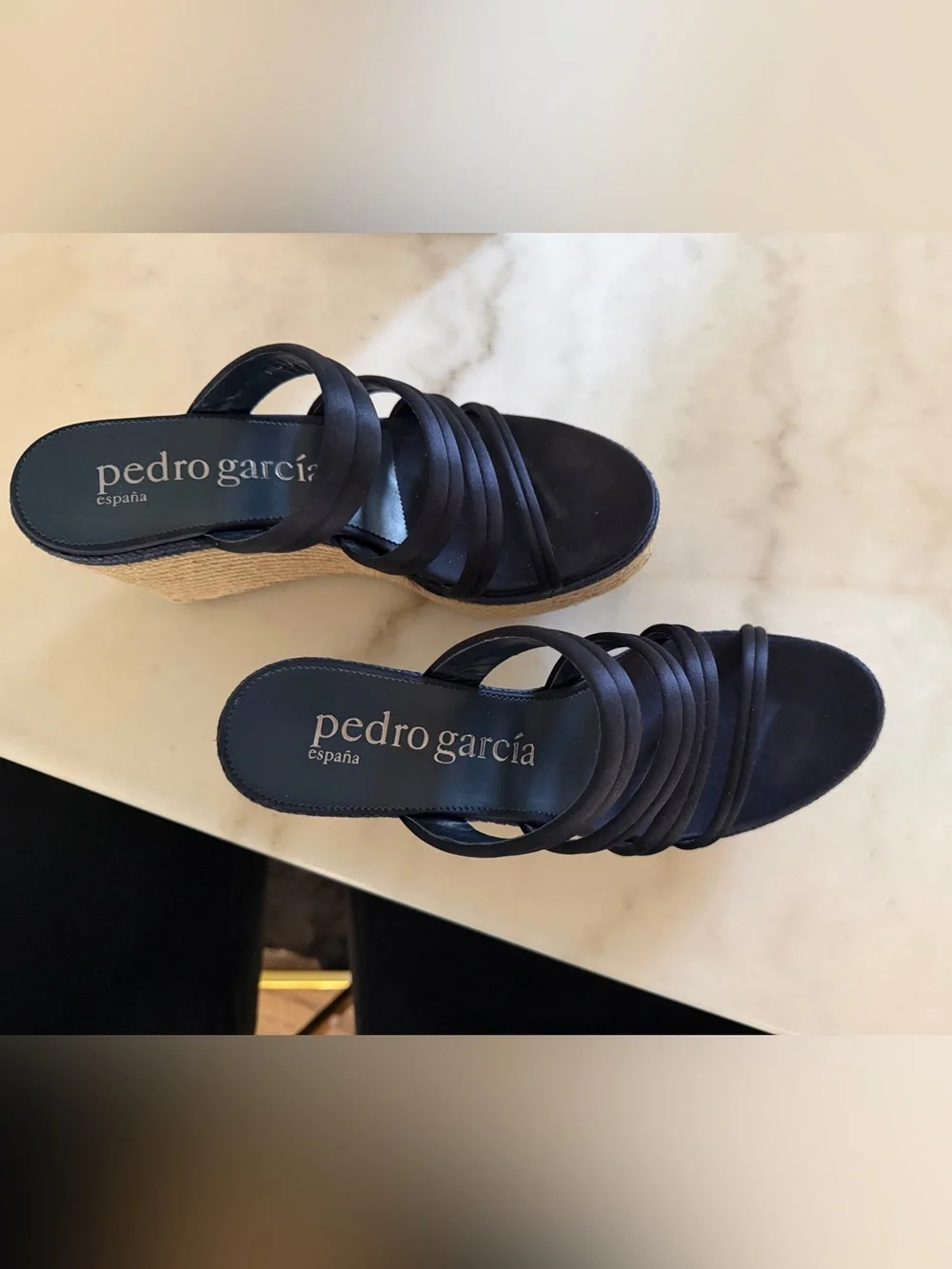 Pedro García Black Leather Espadrille Wedge Mules